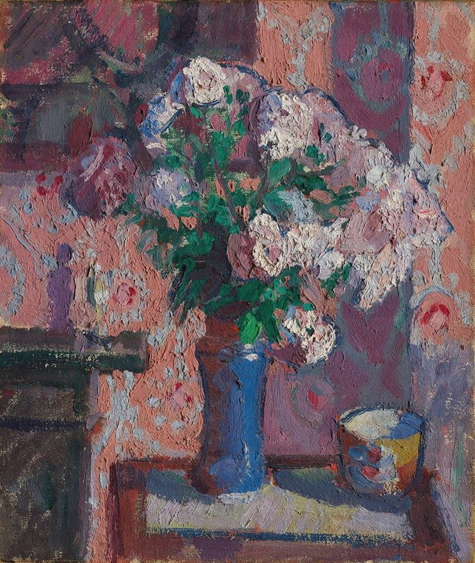 蓝色花瓶里的玫瑰`Roses in a Blue Vase (circa 1914~15) by Harold Gilman