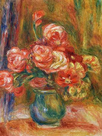 一瓶玫瑰花`Vase of Roses by Pierre-Auguste Renoir