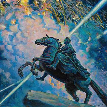 烟火。彼得大帝青铜骑士像`Fireworks. The Bronze Horseman by Boris Kustodiev