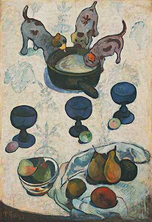 三只小狗的静物画`Still Life with Three Puppies (1888) by Paul Gauguin