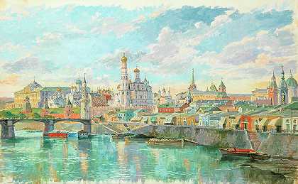 春天的克里姆林宫和莫斯科沃雷茨基大桥`View of Kremlin and Bolshoy Moskvoretsky Bridge in spring by Nikolai Sergeevich Matveev