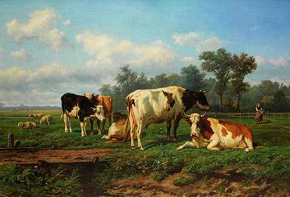 在草地上休息的牛`Cattle at rest in a meadow by Eugene Verboeckhoven