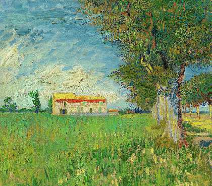 麦田里的农舍`Farmhouse in a wheatfield by Vincent van Gogh