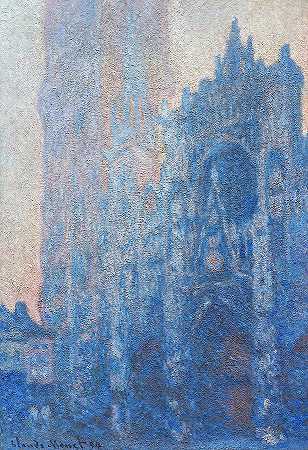 鲁昂大教堂正面和阿尔巴尼之旅，早晨效果`Rouen Cathedral Facade and Tour d\’Albane, Morning Effect by Claude Monet