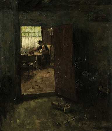 家庭屋内与乡村妇女和儿童`Domestic Interior with Country Woman and Child (c. 1880 ~ c. 1907) by Jacob Simon Hendrik Kever