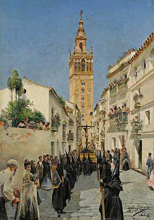塞维利亚马蒂奥斯加戈街的复活节游行`Easter Procession In Mateos Gago Street, Seville (1896) by Manuel García y Rodríguez