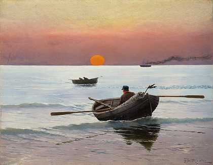 海上日落`Sunset on the Sea (1887) by Stanisław Witkiewicz