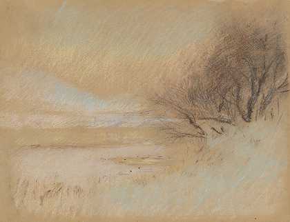 冬季河流景观`Winter landscape with river (1898–1899) by Ladislav Mednyánszky
