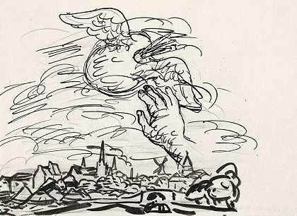 范德普鲁姆（Van der Pluym）为《格斯泰尔传》绘制了一个小插曲，面朝沃尔登（Woerden），上面一只手拿着一个带翅膀的调色板`Zonder titel Schets vignet voor biografie van Gestel door Van der Pluym, gezicht op Woerden met daarboven een hand die reikt naar een gevleugeld palet (1935) by Leo Gestel