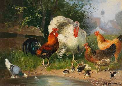 火鸡，公鸡，鸡，小鸡和鸽子`Truthahn, Hahn, Hühner, Küken und Taube an der Tränke (Ca. 1880~90) by Julius Scheuerer