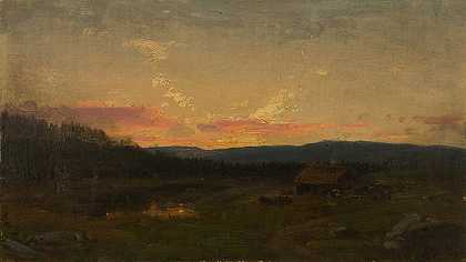 座位旁的日落`Solnedgang ved seteren (1866) by Amaldus Nielsen