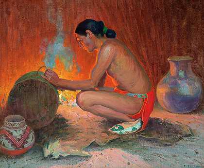 火光下的印第安人`Indian by Firelight by Eanger Irving Couse