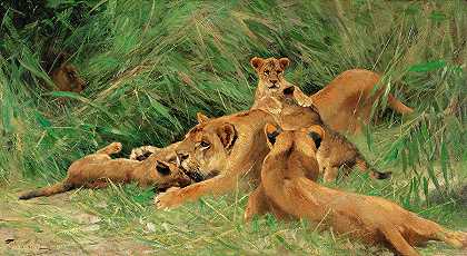 玩狮子`Playing lions by Friedrich Wilhelm Kuhnert