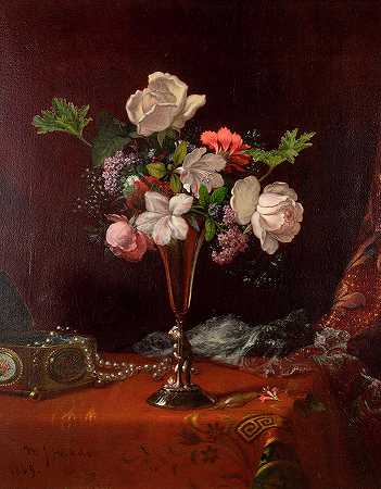 有盒子和珍珠的混合花`Mixed Flowers with a Box and Pearls by Martin Johnson Heade