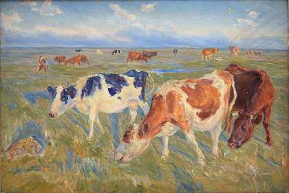 在索尔特霍姆岛上放牧奶牛`Grazing Cows on the Island of Saltholm (1892) by Theodor Philipsen
