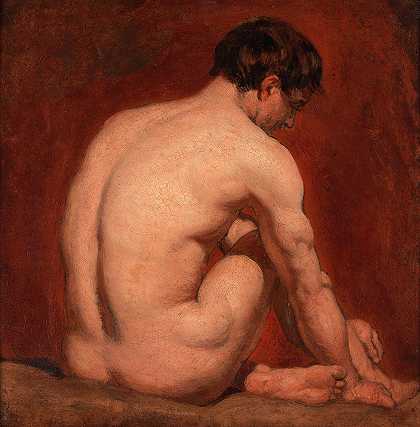 男性裸体跪在后面`Male Nude, Kneeling, from the Back by William Etty
