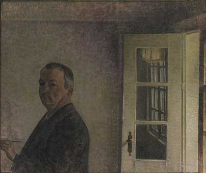 自画像。这座位于哥本哈根以北的索根弗里的小屋名叫斯普维斯克珠尔`Self~Portrait. The Cottage Spurveskjul at Sorgenfri, North of Copenhagen (1911) by Vilhelm Hammershøi
