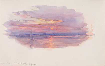 北威尔士卡纳文日落`Sunset, Caernarvon, North Wales (1899) by George Elbert Burr