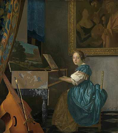 一位年轻女子坐在一个女子座前`A Young Woman seated at a Virginal by 维米尔