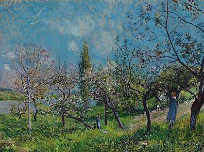 春天的果园`Orchard in Spring by Alfred Sisley