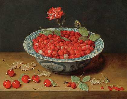 野生草莓和万里碗里的康乃馨`Wild Strawberries and a Carnation in a Wan-Li Bowl by Jacob van Hulsdonck