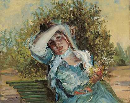 带花的女孩`Girl with Flowers (1906) by Emilio Sala Francés