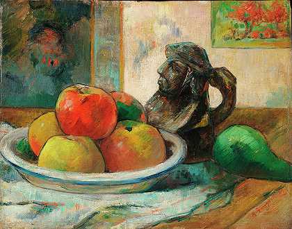 苹果、梨和陶瓷肖像壶的静物画`Still Life with Apples, a Pear, and a Ceramic Portrait Jug by Paul Gauguin