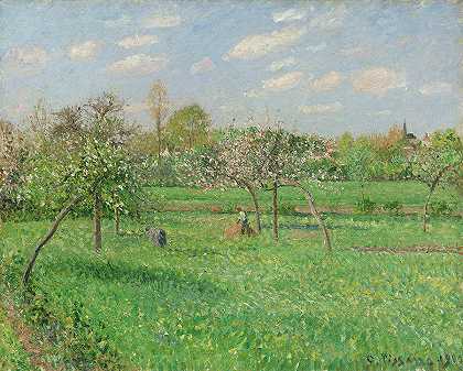 春天，早晨，多云，埃拉格尼`Spring, Morning, Cloudy, Eragny by Camille Pissarro