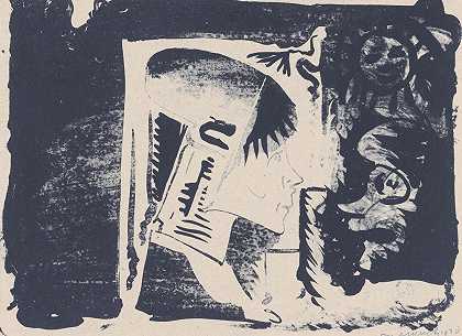 幻想在白色矩形中，将头部轮廓向右，周围为黑色（右下角为水洗黑色）`Fantasie; profielkop naar rechts in een witte rechthoek, omgeven door zwart (rechtsonder is het zwart gewassen) (1920) by Samuel Jessurun de Mesquita