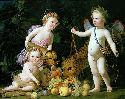 三个孩子带着水果和一只美洲虎`Three Children with Fruit and a Jaguar by Gerard van Honthorst