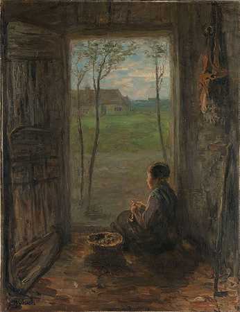 热闹的场面`A Laren Scene (1905) by Jozef Israëls