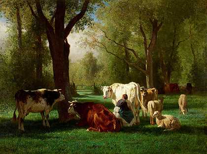 牛羊景观`Landscape with Cattle and Sheep by Constant Troyon