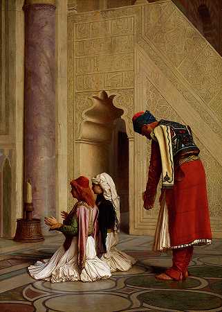 1865年，清真寺里的年轻希腊人`Young Greeks in the Mosque, 1865 by Jean-Leon Gerome