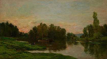 画家的驳船在瓦兹河上的瓦克斯岛`The Painter’s Barge at the Ile de Vaux on the Oise River (1877) by Charles François Daubigny