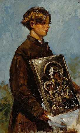 带着图标、素描的小男孩`Young Boy Carrying An Icon, Sketch (1880) by Ilya Efimovich Repin