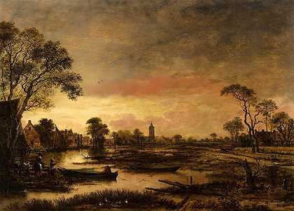 河流景观`River Landscape by Aert van der Neer