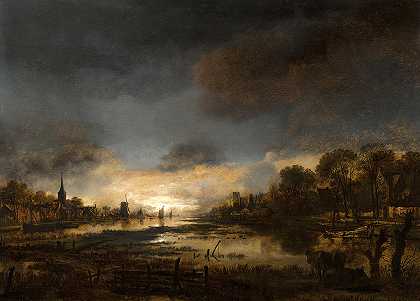 日落时的河流景观`River Landscape at Sunset by Aert van der Neer