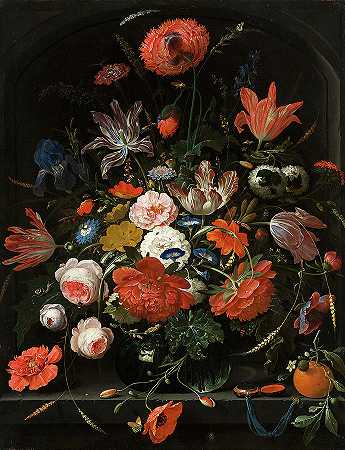玻璃花瓶里的花`Flowers in a Glass Vase by Abraham Mignon