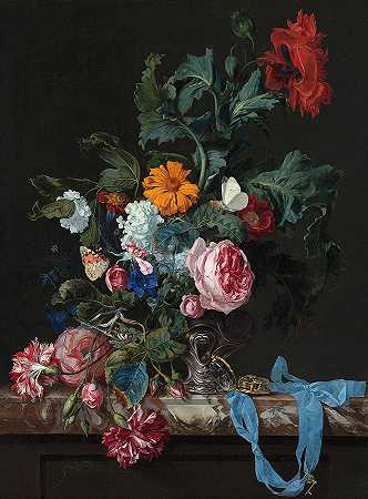 用一个钟表来装饰静物`Flower Still Life with a Timepiece by Willem van Aelst