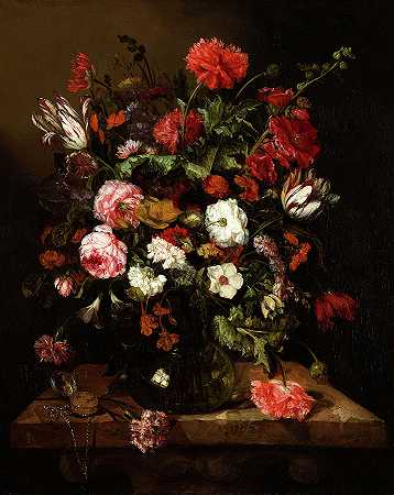 用一个钟表来装饰静物`Flower Still Life with a Timepiece by Abraham van Beyeren