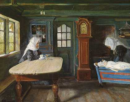 一座农舍的屋内，小家伙在摇篮里`Interiør fra en bondestue med den lille i vuggen (1901) by Viggo Johansen