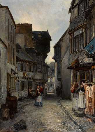 兰德瑙的一条街`A street in Landerneau by Johan Barthold Jongkind