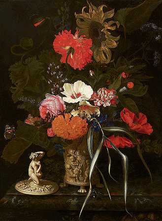 花瓶里的花`Flowers in an Ornamental Vase by Maria van Oosterwyck