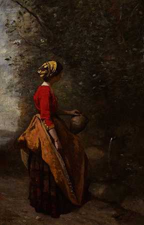 春天的农家女孩`Peasant Girl at the Spring (c. 1860~65) by Jean-Baptiste-Camille Corot