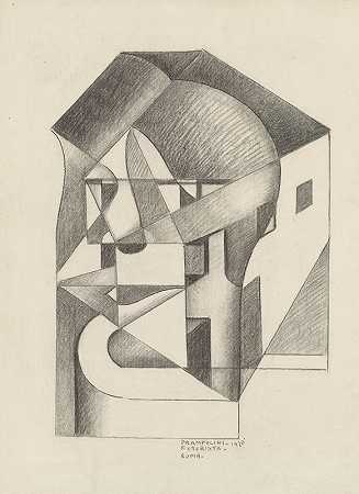 建筑绝对总部和房屋（罗马未来主义）`Architectonic Absolute; Head and Houses (Futurista Roma) (1920) by Enrico Prampolini