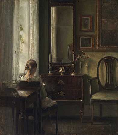 一个女孩在看书`Interior with a Girl Reading (1903) by Carl Holsøe