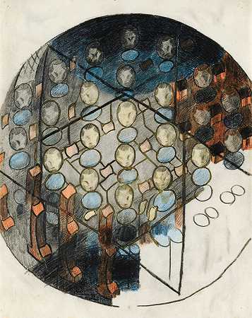 在明斯特（期待）。Zwinglihaus Zürich Wiedikon的玻璃窗设计（整体构成）`Im Münster (Erwartung). Entwurf für das Glasfenster im Zwinglihaus Zürich~Wiedikon (Gesamtkomposition) (1923~24) by Otto Meyer-Amden