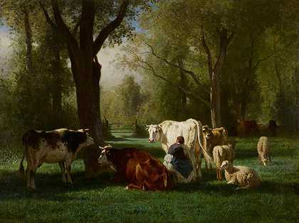 牛羊景观`Landscape With Cattle And Sheep (c. 1852~58) by Constant Troyon