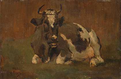 卧牛`Lying Cow (c. 1860 ~ c. 1888) by Anton Mauve