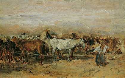 索尔诺克马市场II`Pferdemarkt in Szolnok II (1877) by August von Pettenkofen